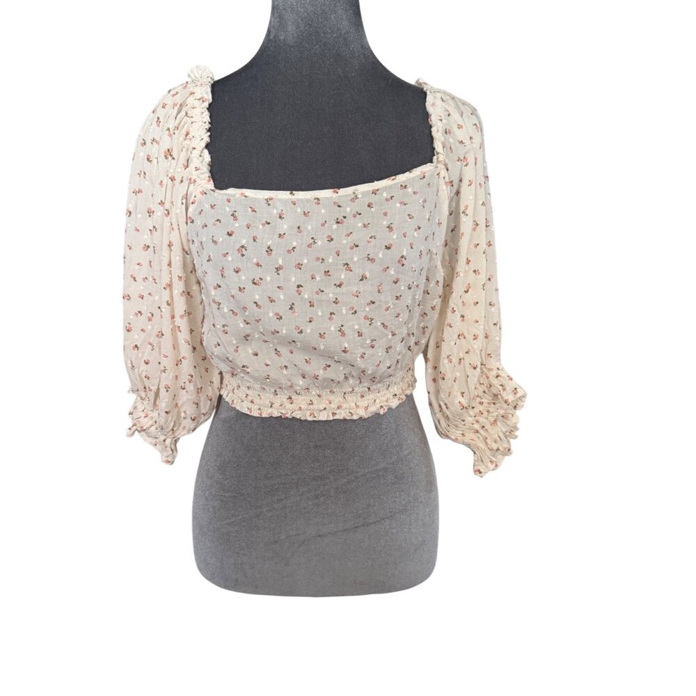 Billabong Floral Print Cropped Peasant Top With Elastic Hem & Puff Sleeves Size - Picture 2 of 6